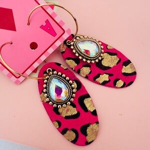 GYPSY OUTLAW ~ Pink Leopard Print Earrings with Iridescent Gemstone Gold Hoops
